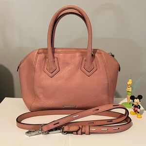Rebecca Minkof Pink Pebble Leather Handbag Crossbody adjustable strap.